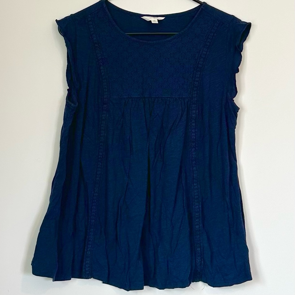 Terra & Sky Dark Blue Eyelet Trim Flutter Sleeve Top - Size: 14W - Picture 2 of 8